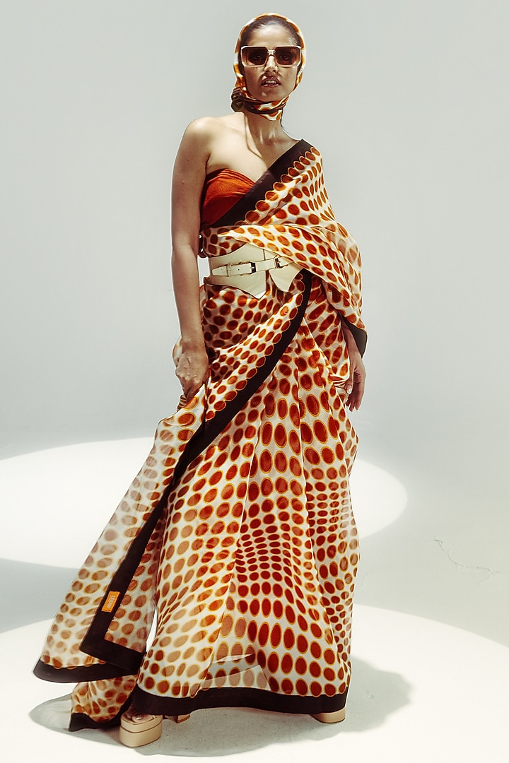 Ochre & Vanilla Organza Polka Dot Digital Printed Party Wear Saree Set by Ekaya at Pernia's Pop Up Shop