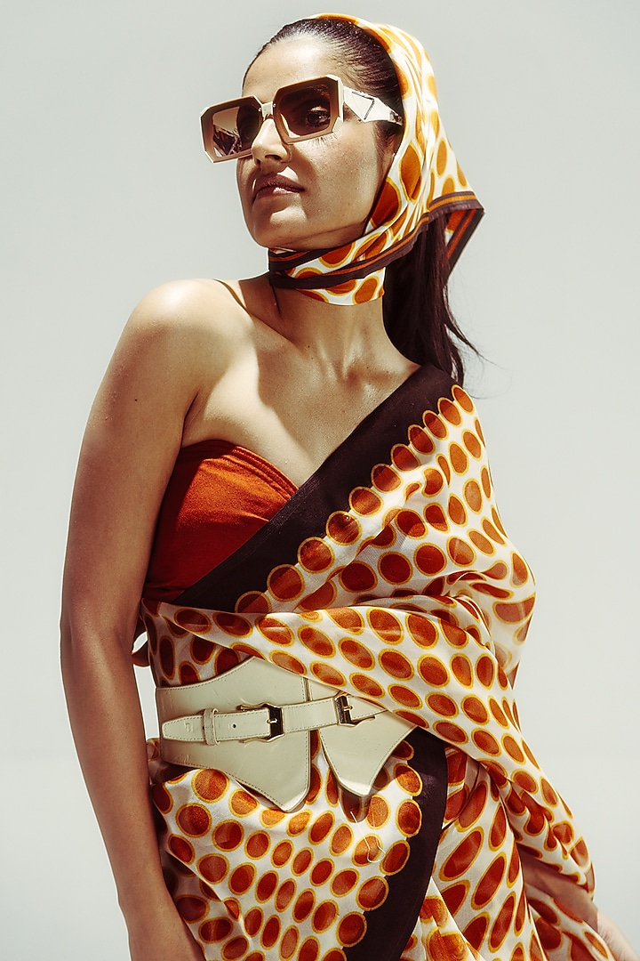 Ochre & Vanilla Organza Polka Dot Digital Printed Party Wear Saree Set by Ekaya at Pernia's Pop Up Shop