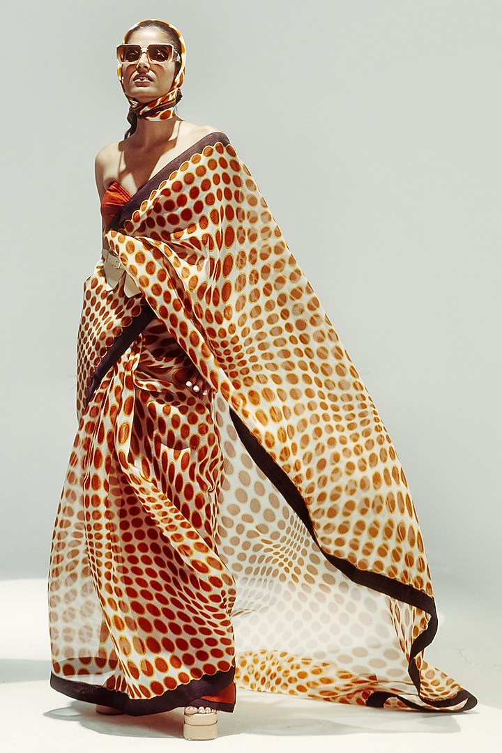 Ochre & Vanilla Organza Polka Dot Digital Printed Party Wear Saree Set by Ekaya at Pernia's Pop Up Shop