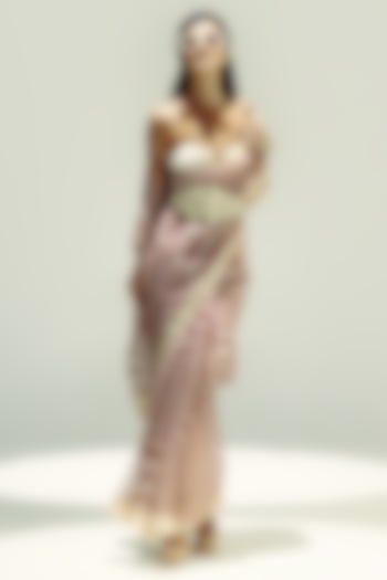 Dusty Pink & Vanilla Organza Polka Dot Digital Printed Party Wear Saree Set by Ekaya at Pernia's Pop Up Shop