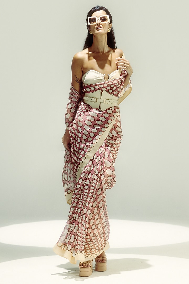 Dusty Pink & Vanilla Organza Polka Dot Digital Printed Party Wear Saree Set by Ekaya at Pernia's Pop Up Shop