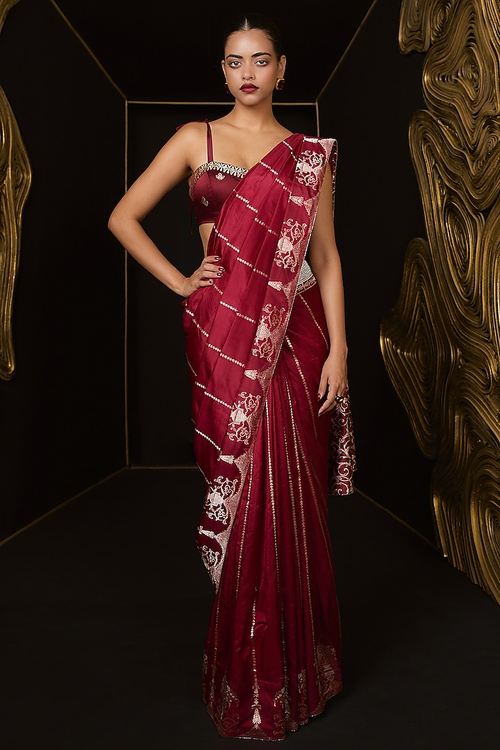 Maroon Pure Silk Handwoven Wedding Saree Set by Ekaya at Pernia's Pop Up Shop