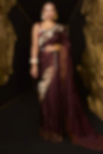 Garnet Pure Satin Silk Handwoven Wedding Saree Set by Ekaya at Pernia's Pop Up Shop