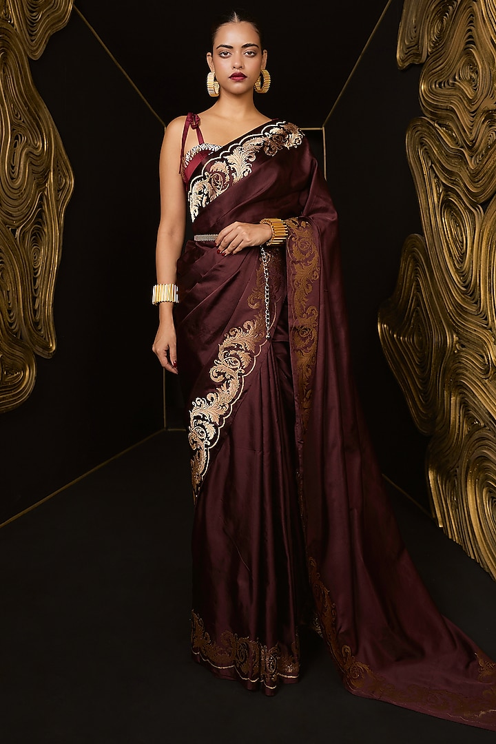 Garnet Pure Satin Silk Handwoven Wedding Saree Set by Ekaya at Pernia's Pop Up Shop
