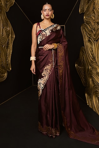 Garnet Pure Satin Silk Handwoven Saree Set by Ekaya