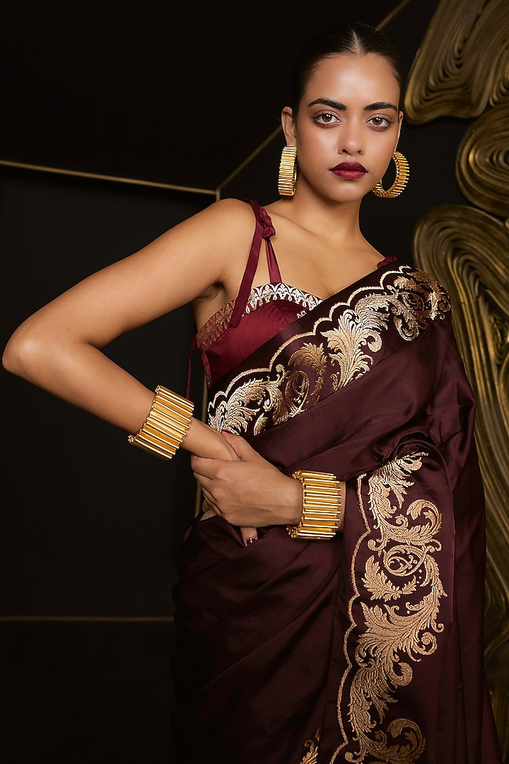 Garnet Pure Satin Silk Handwoven Wedding Saree Set by Ekaya at Pernia's Pop Up Shop