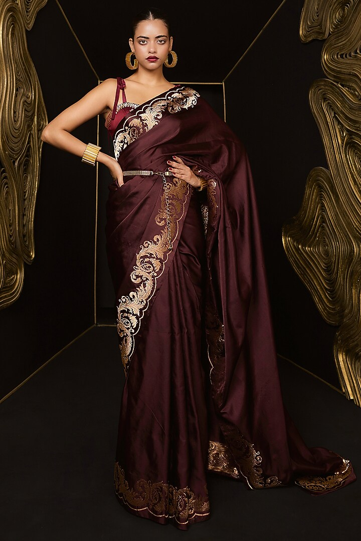 Garnet Pure Satin Silk Handwoven Wedding Saree Set by Ekaya at Pernia's Pop Up Shop