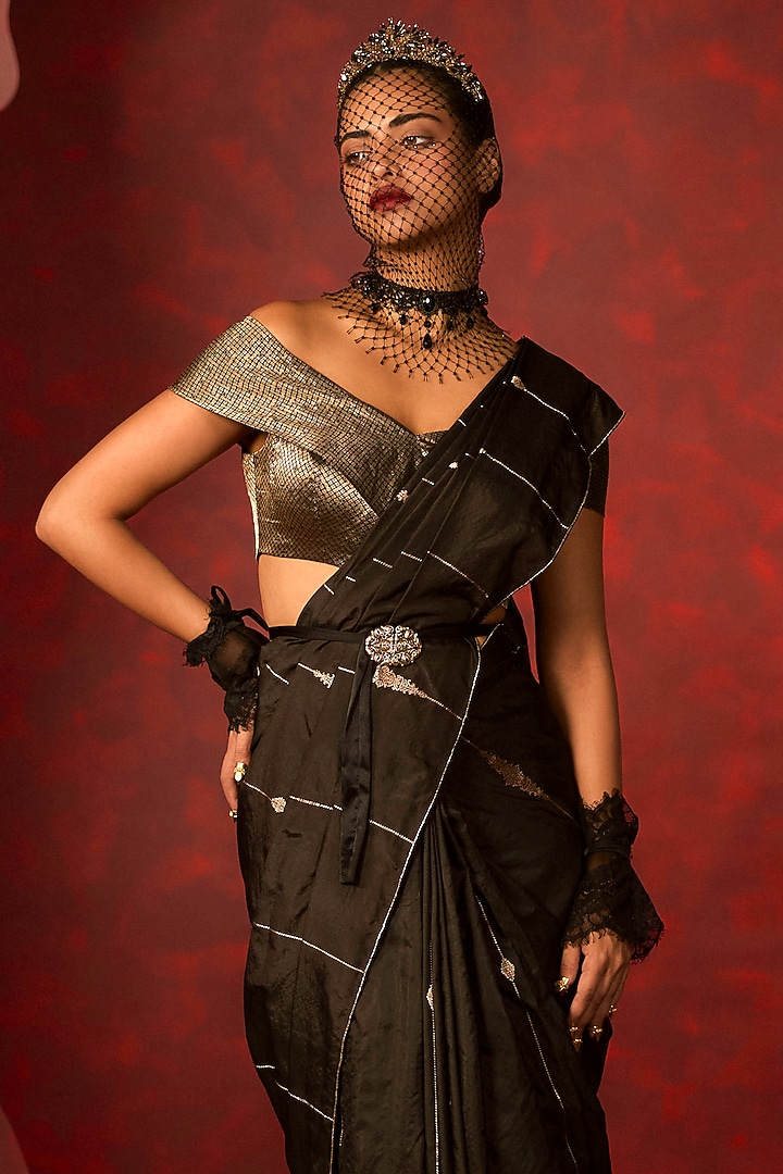 Black Pure Silk Handwoven Wedding Saree Set by Ekaya at Pernia's Pop Up Shop