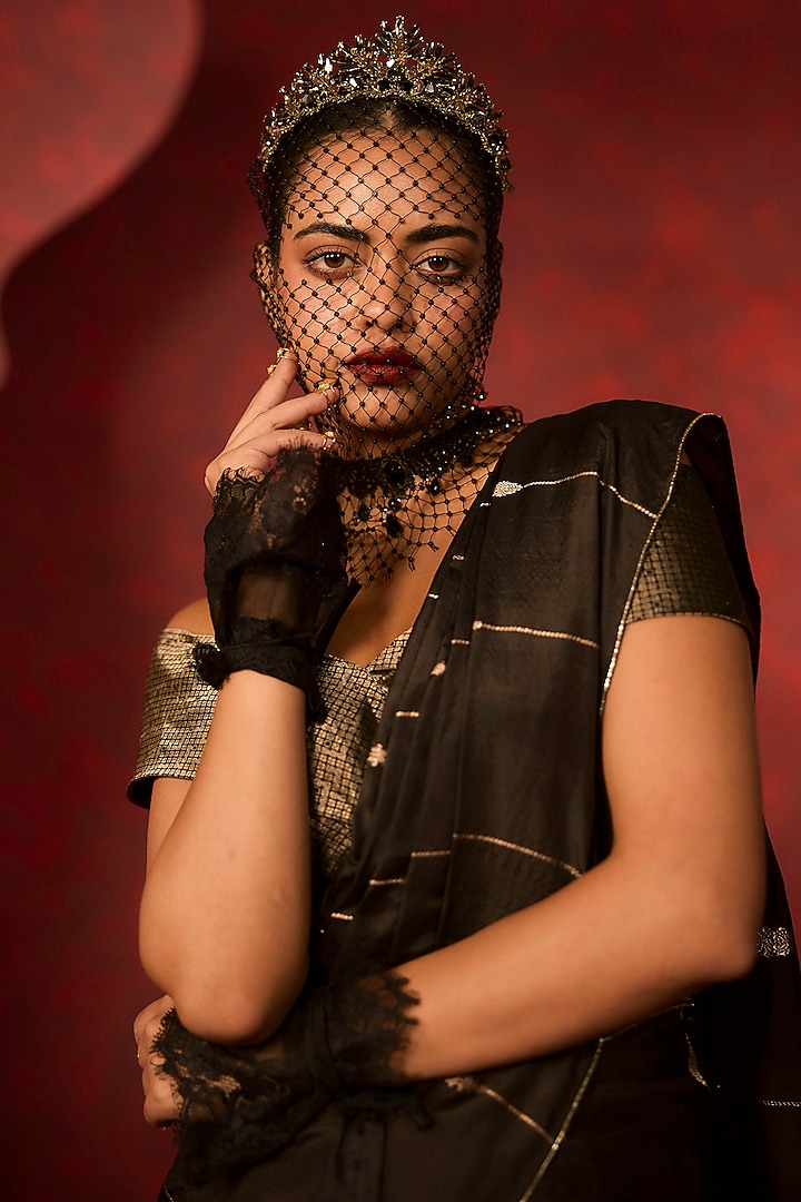Black Pure Silk Handwoven Wedding Saree Set by Ekaya at Pernia's Pop Up Shop