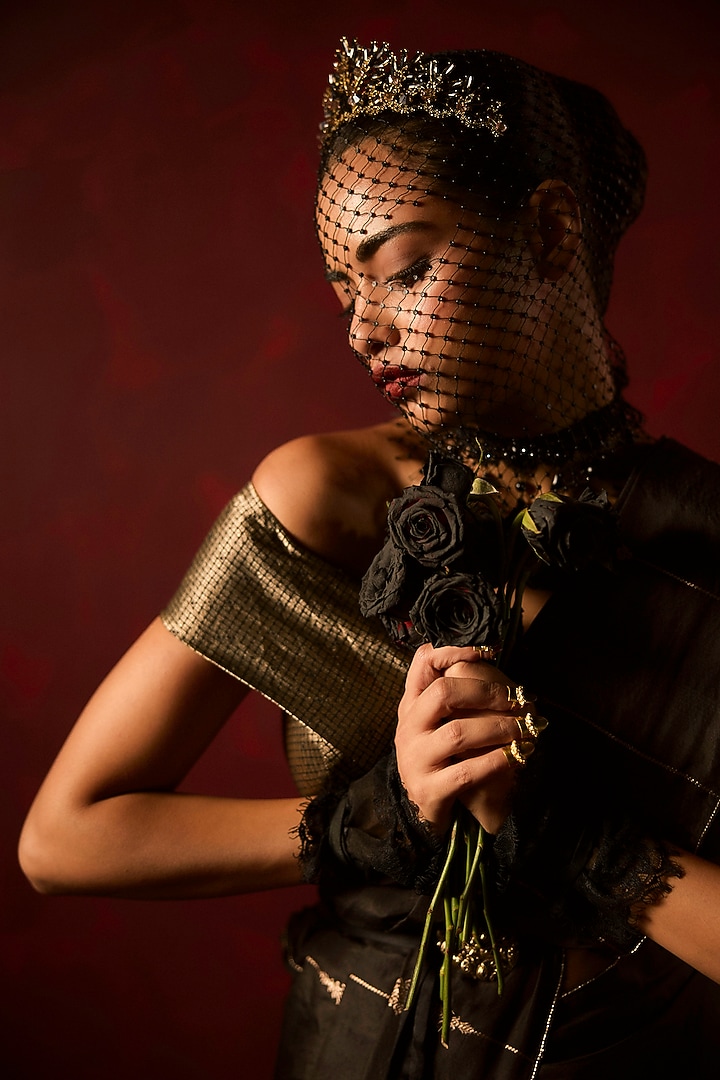 Black Pure Silk Handwoven Wedding Saree Set by Ekaya at Pernia's Pop Up Shop