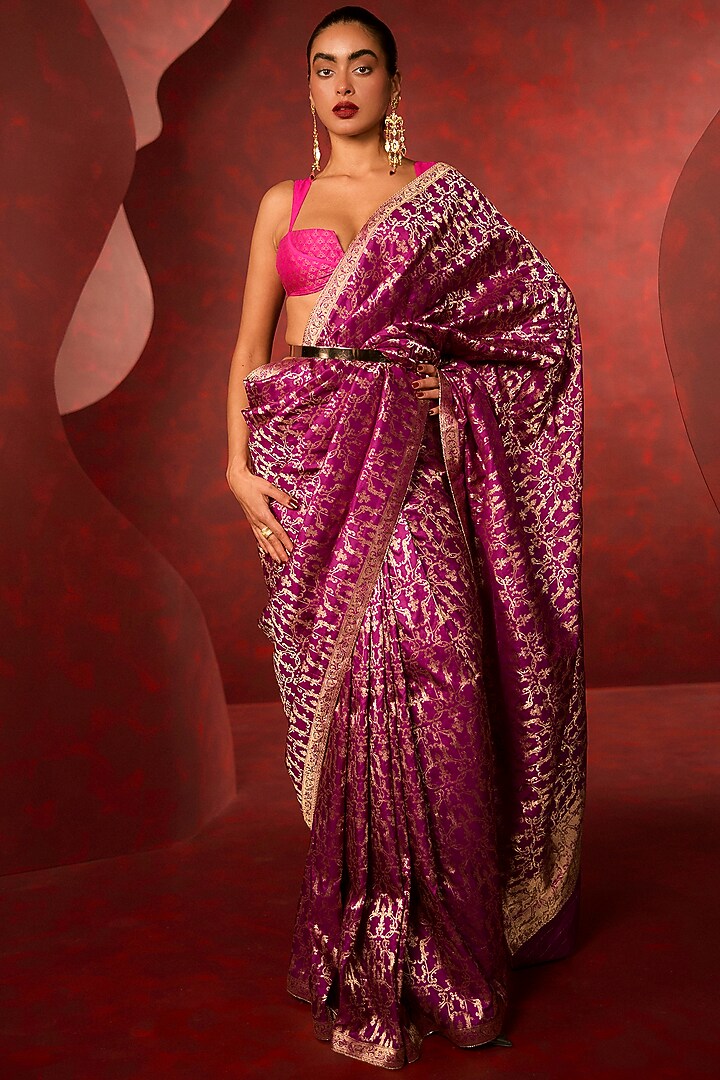 Purple Pure Silk Banarasi Cutwork Handwoven Wedding Saree Set by Ekaya at Pernia's Pop Up Shop