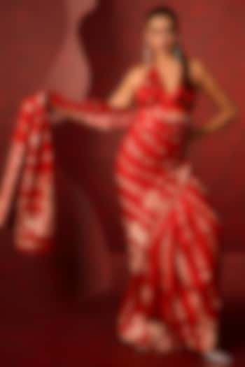 Red Pure Satin Silk Embellished Handwoven Wedding Saree Set by Ekaya at Pernia's Pop Up Shop