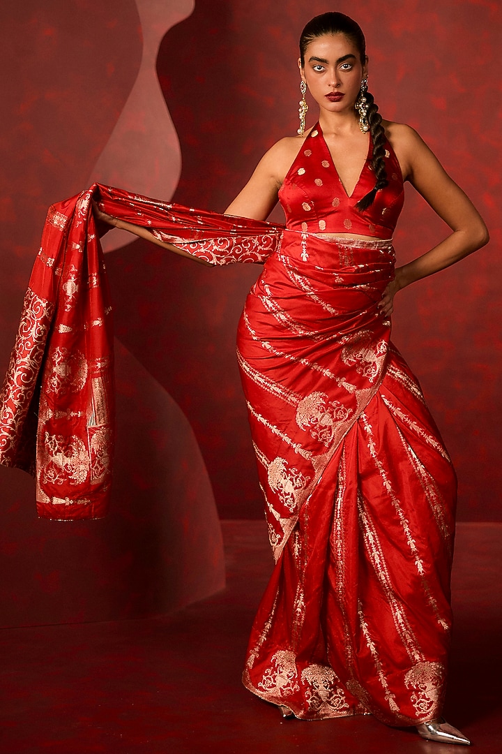Red Pure Satin Silk Embellished Handwoven Wedding Saree Set by Ekaya at Pernia's Pop Up Shop
