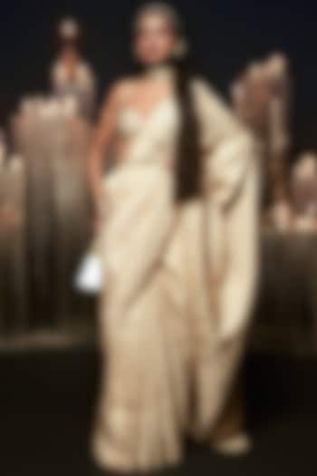 Beige Pure Satin Handwoven Wedding Saree Set by Ekaya at Pernia's Pop Up Shop