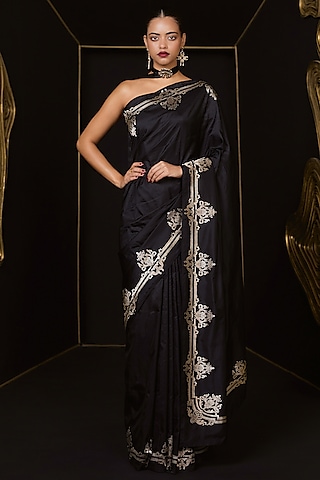 Black Pure Satin Handwoven Saree Set by Ekaya