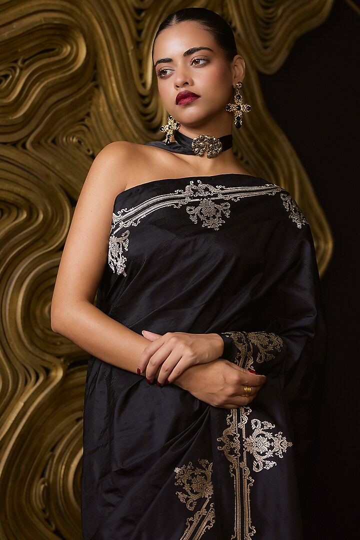 Black Pure Satin Handwoven Wedding Saree Set by Ekaya at Pernia's Pop Up Shop