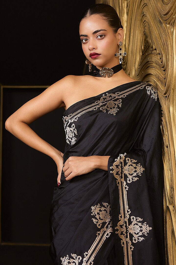 Black Pure Satin Handwoven Wedding Saree Set by Ekaya at Pernia's Pop Up Shop