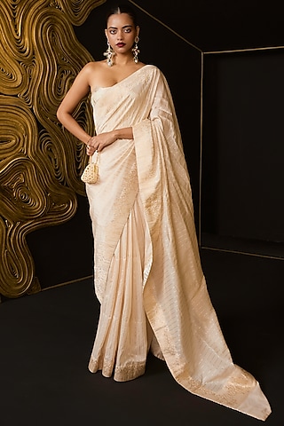 White Pure Silk Handwoven Saree Set by Ekaya