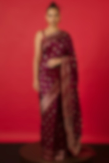 Garnet Handwoven Banarasi Silk Saree Set by Ekaya