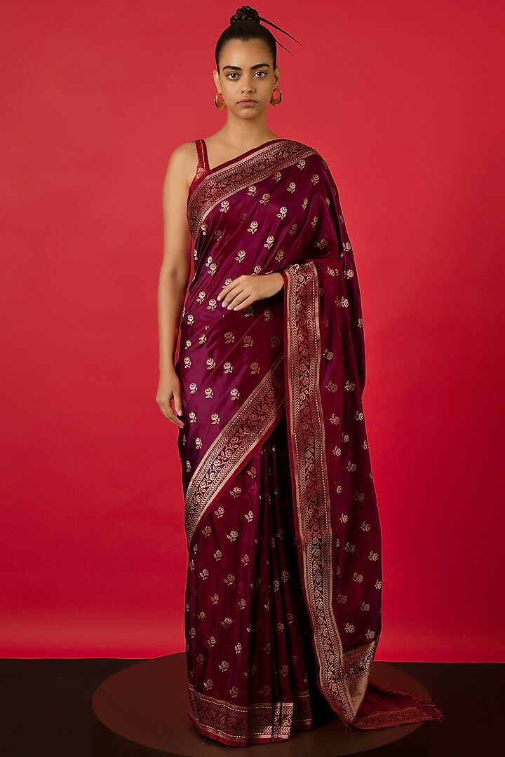 Garnet Handwoven Banarasi Silk Saree Set by Ekaya