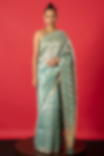 Blue Handwoven Banarasi Silk Organza Saree Set by Ekaya