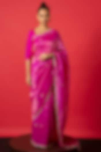 Deep Pink Tissue Silk Hand Embroidered Saree Set by Ekaya