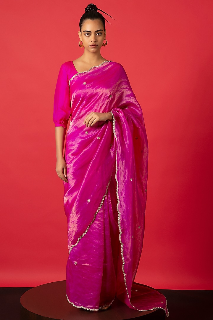 Deep Pink Tissue Silk Hand Embroidered Saree Set by Ekaya