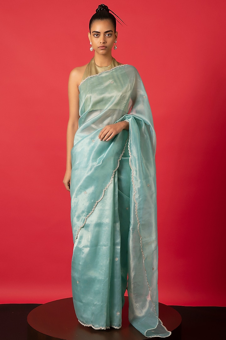 Blue Tissue Silk Hand Embroidered Saree Set by Ekaya
