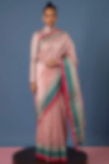 Peach Organza Kadhwa Embroidered Handwoven Reception Saree Set by Ekaya at Pernia's Pop Up Shop