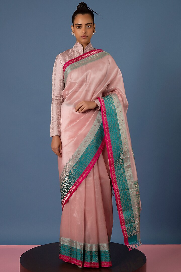 Peach Organza Kadhwa Embroidered Handwoven Reception Saree Set by Ekaya at Pernia's Pop Up Shop