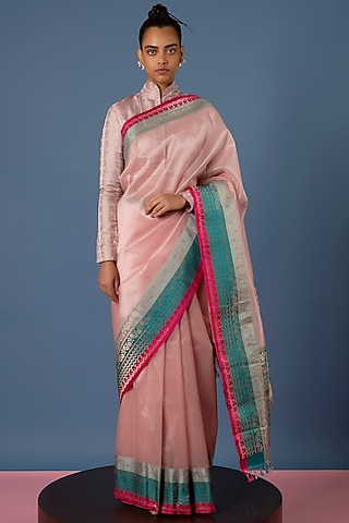 Peach Organza Kadhwa Embroidered Handwoven Saree Set by Ekaya
