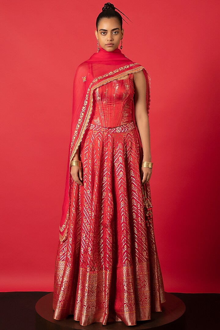 Red Satin Silk Meenakari Handwoven Wedding Lehenga Set by Ekaya at Pernia's Pop Up Shop