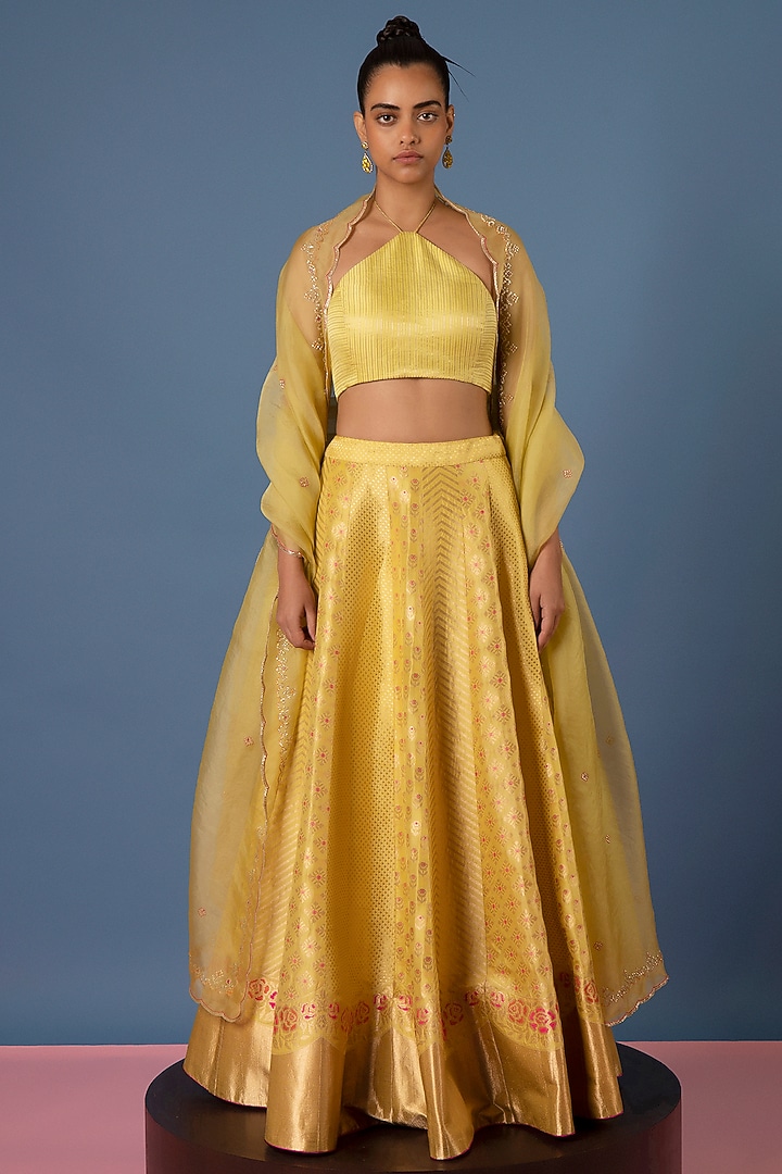 Yellow Silk Meenakari Handwoven Wedding Lehenga Set by Ekaya at Pernia's Pop Up Shop