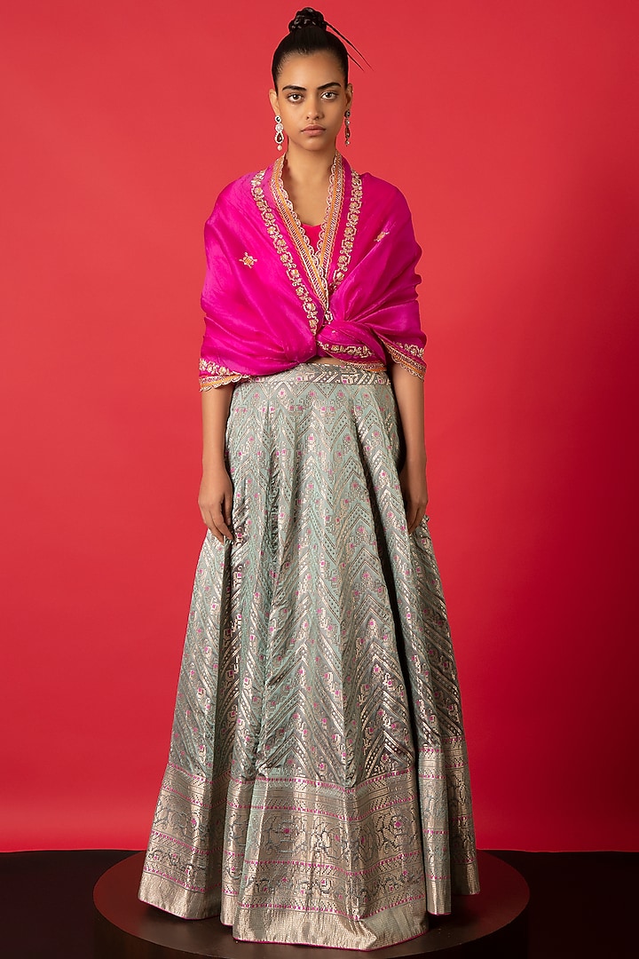 Blue Satin Silk Meenakari Handwoven Wedding Lehenga Set by Ekaya at Pernia's Pop Up Shop