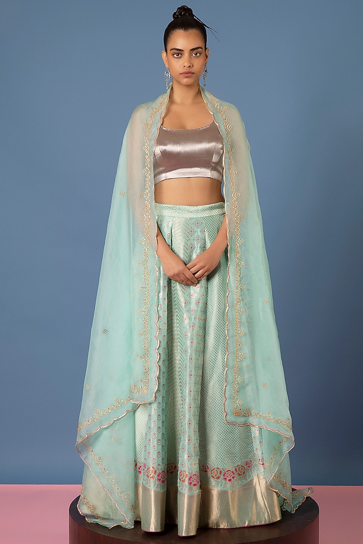 Blue Silk Meenakari Handwoven Wedding Lehenga Set by Ekaya at Pernia's Pop Up Shop