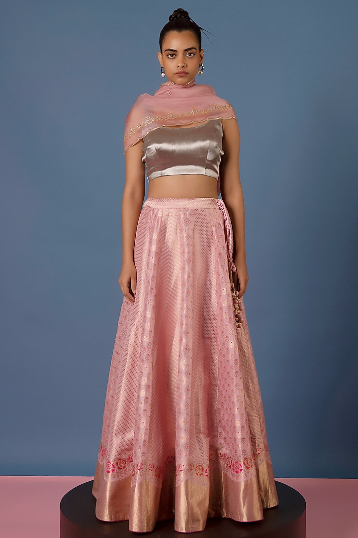 Pink Silk Meenakari Handwoven Wedding Lehenga Set by Ekaya at Pernia's Pop Up Shop