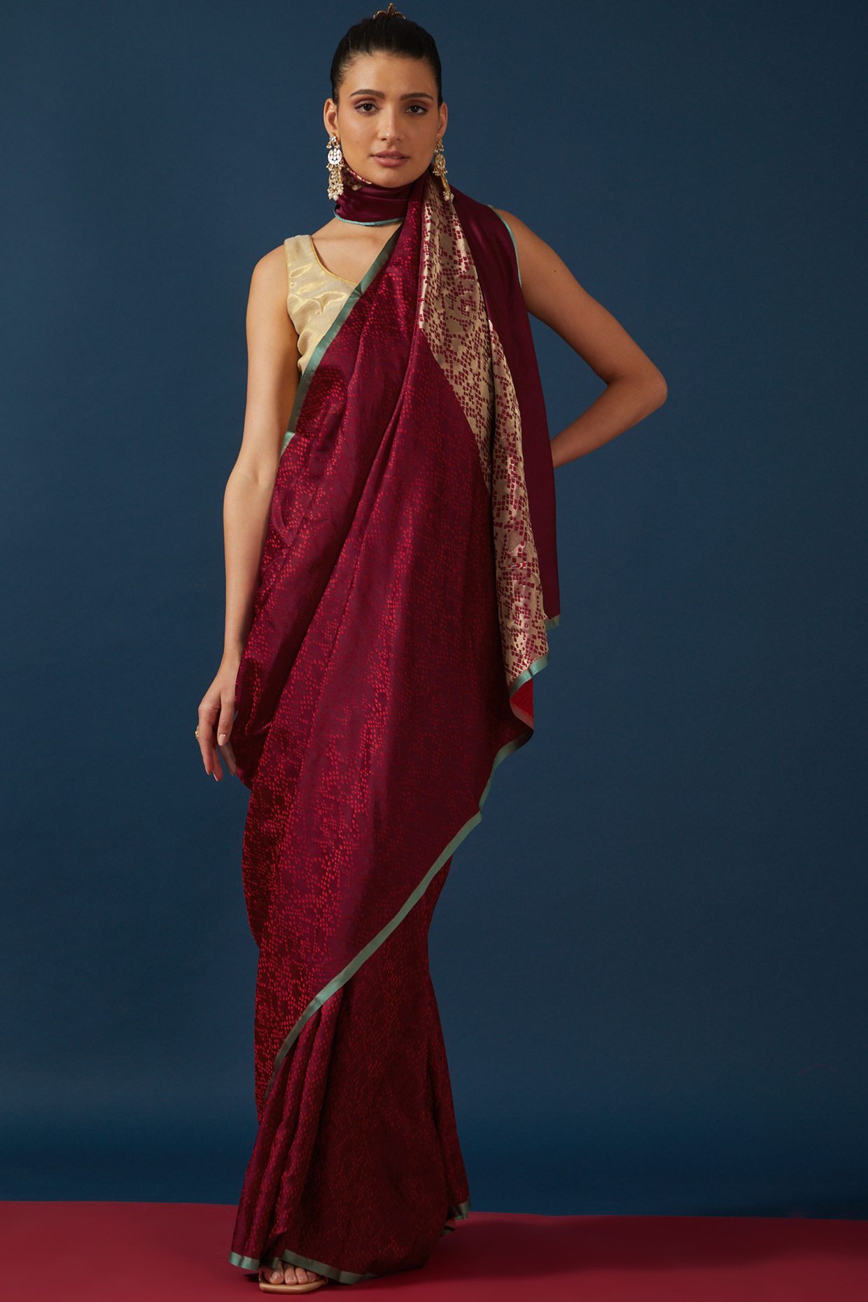 Garnet Silk Tanchoi Embroidered Saree by Ekaya