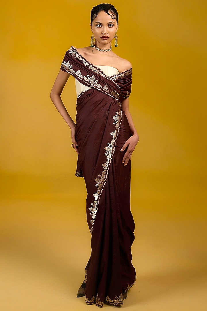 Brown Silk Kadhwa Handwoven Wedding Saree Set by Ekaya at Pernia's Pop Up Shop