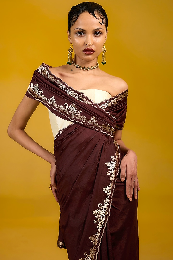 Brown Silk Kadhwa Handwoven Wedding Saree Set by Ekaya at Pernia's Pop Up Shop