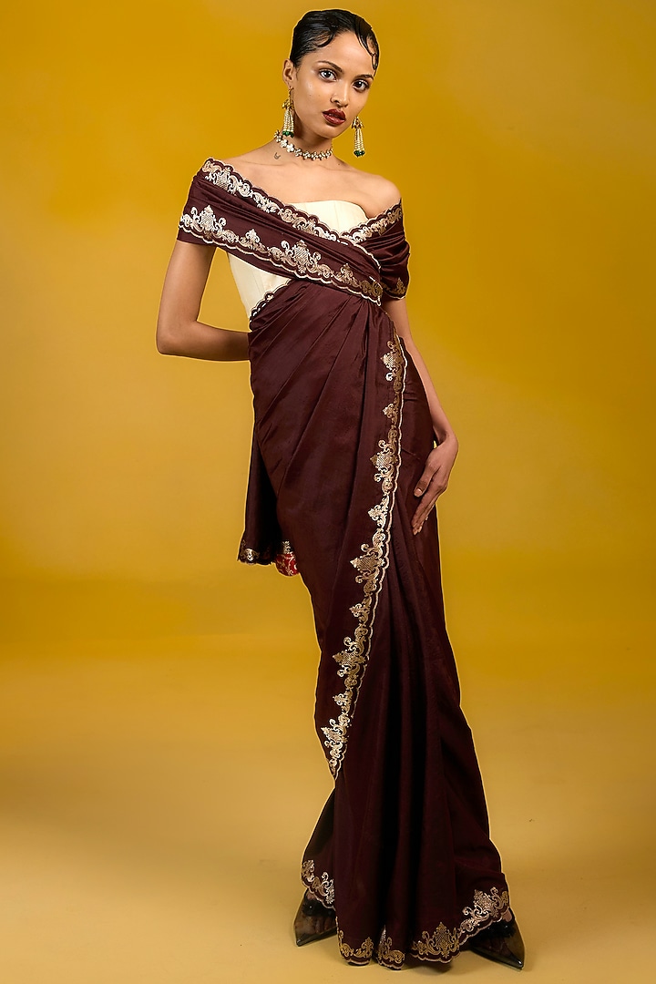 Brown Silk Kadhwa Handwoven Wedding Saree Set by Ekaya at Pernia's Pop Up Shop