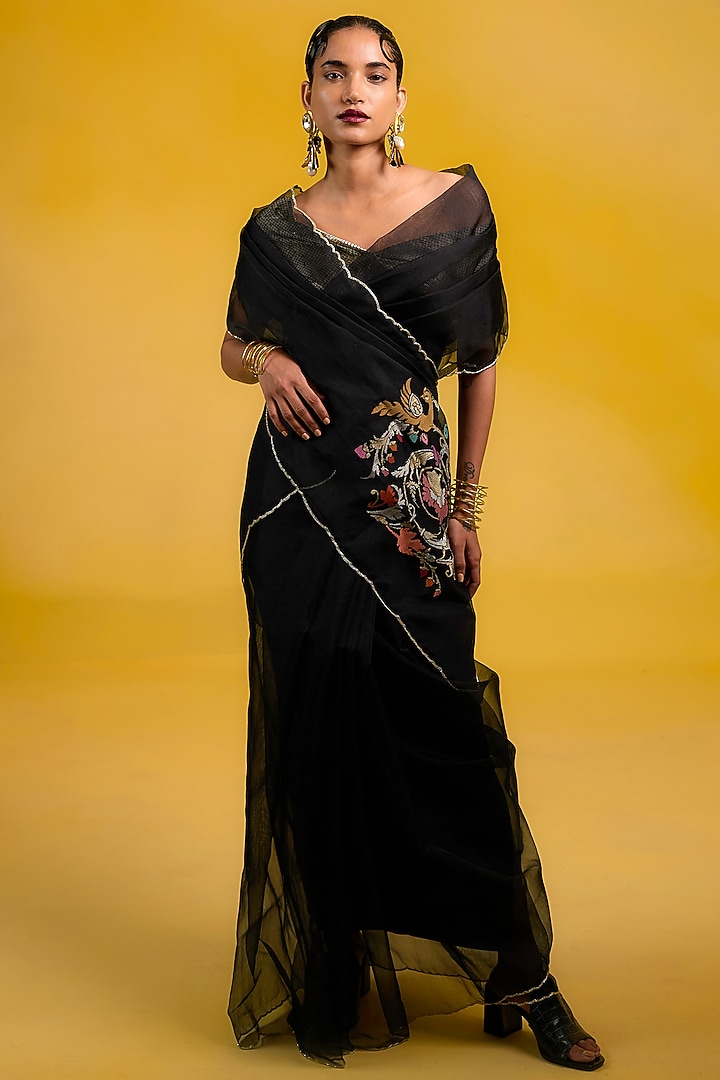 Black Kora Meenakari Handwoven Wedding Saree Set by Ekaya at Pernia's Pop Up Shop