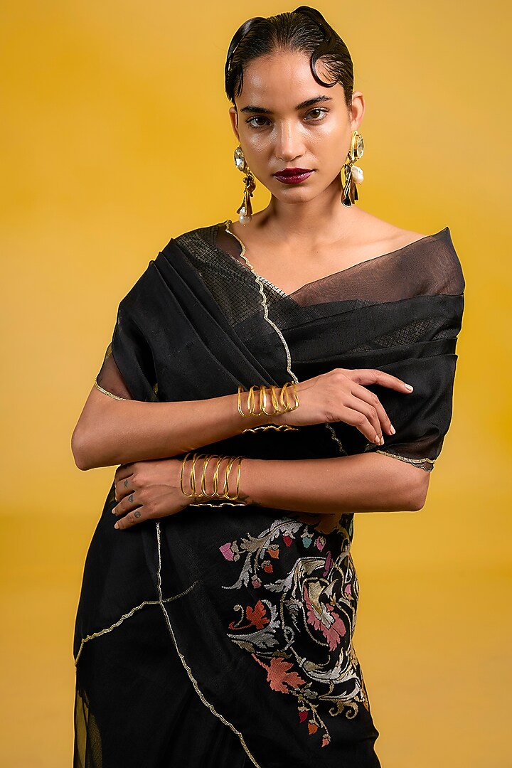 Black Kora Meenakari Handwoven Wedding Saree Set by Ekaya at Pernia's Pop Up Shop