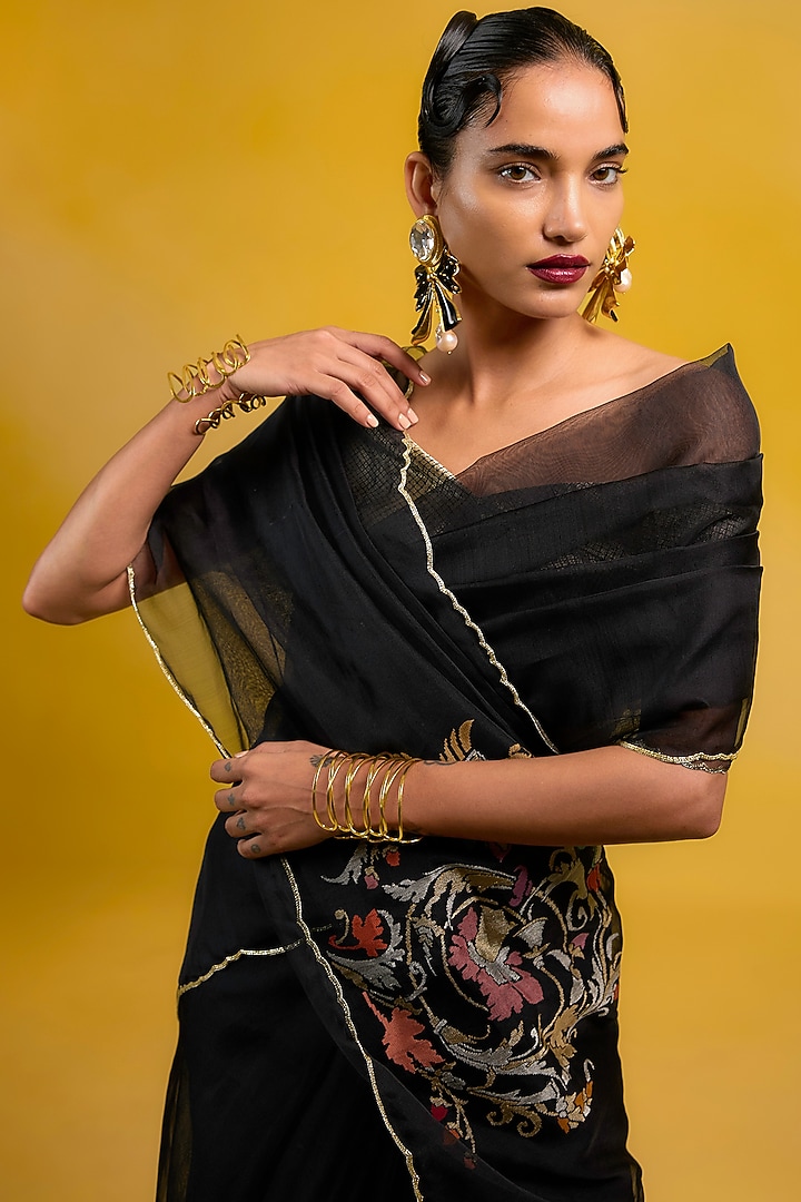 Black Kora Meenakari Handwoven Wedding Saree Set by Ekaya at Pernia's Pop Up Shop