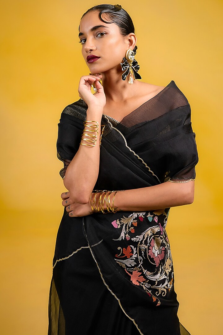 Black Kora Meenakari Handwoven Wedding Saree Set by Ekaya at Pernia's Pop Up Shop