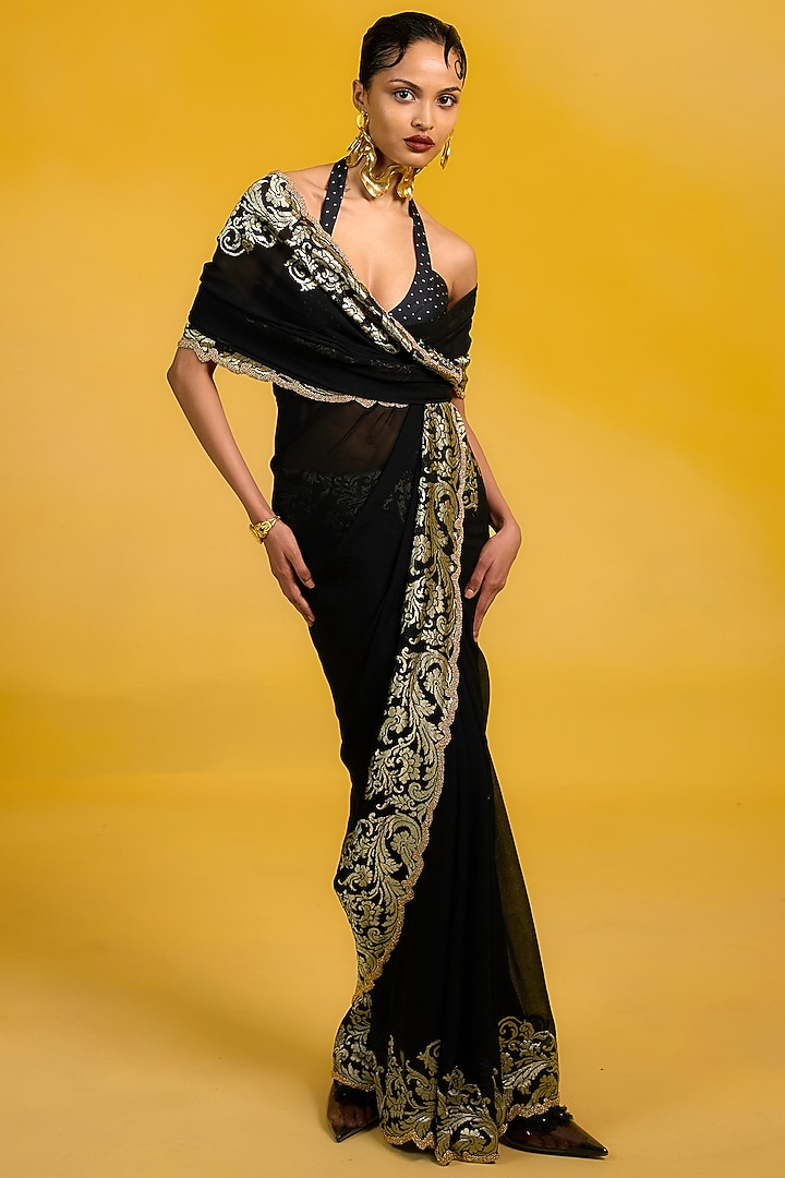 Black Chiffon Kadhwa Handwoven Wedding Saree Set by Ekaya at Pernia's Pop Up Shop