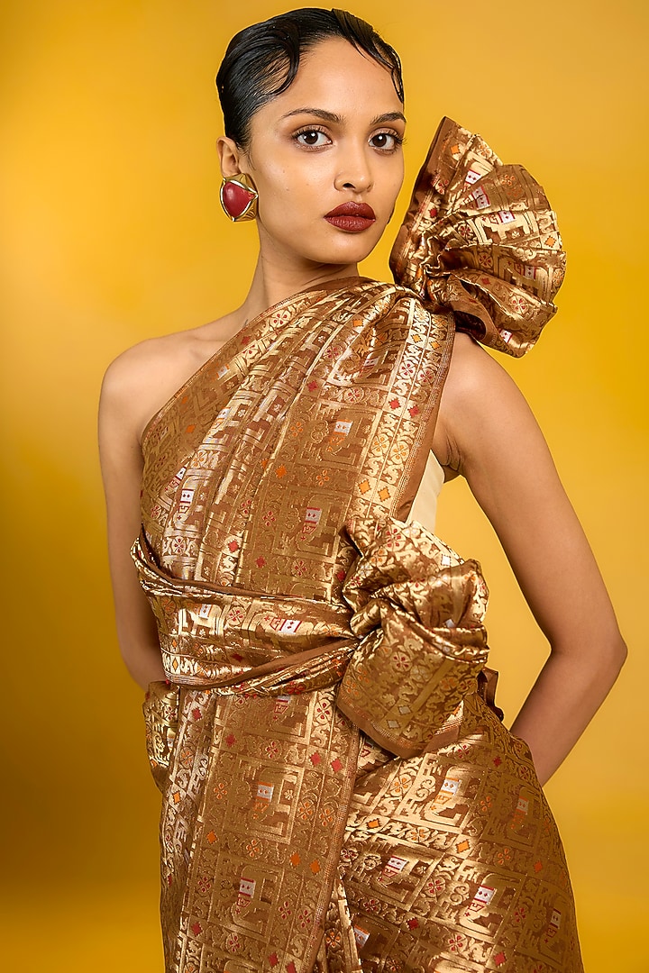 Brown Pure Georgette Shikargah Handwoven Wedding Saree Set by Ekaya at Pernia's Pop Up Shop