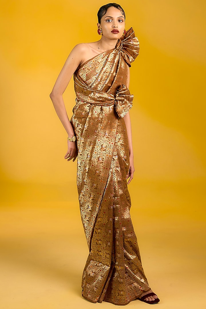 Brown Pure Georgette Shikargah Handwoven Wedding Saree Set by Ekaya at Pernia's Pop Up Shop