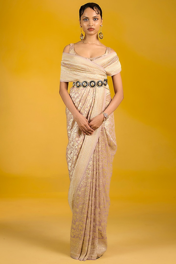 Mauve Chiffon Shikarga Handwoven Party Wear Saree Set by Ekaya at Pernia's Pop Up Shop