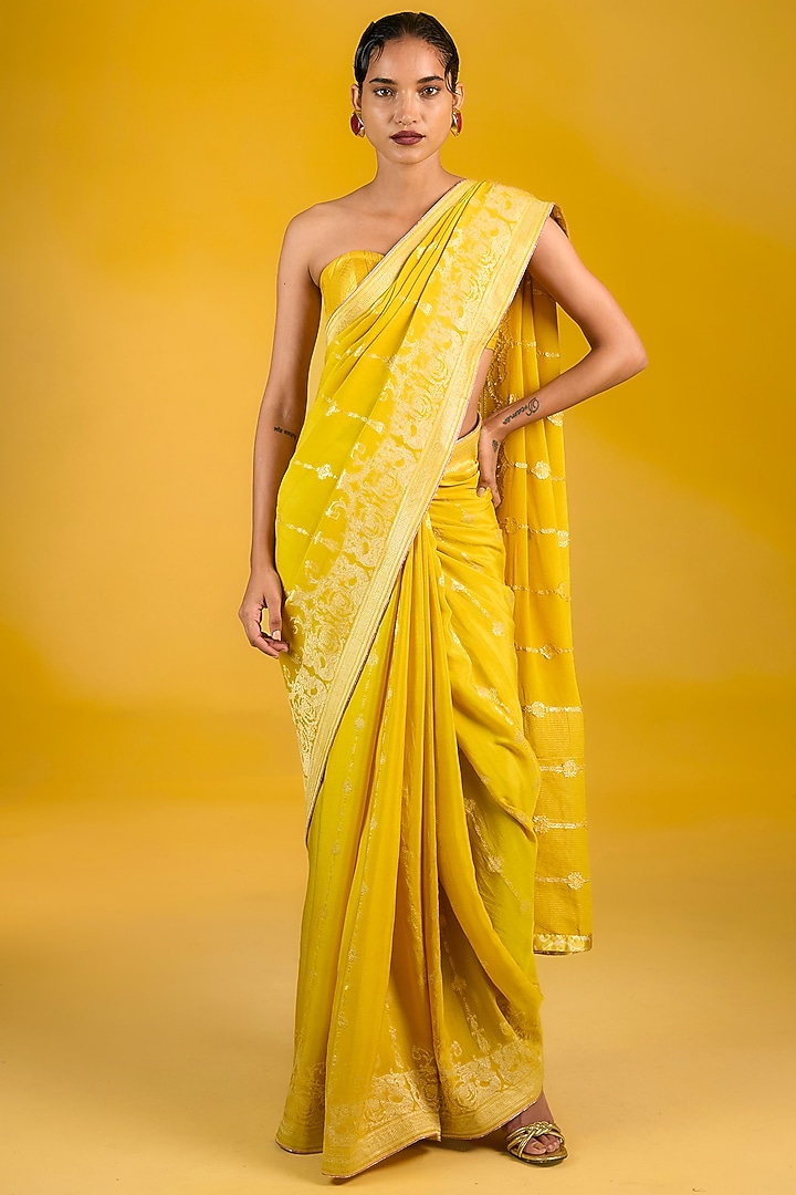 Mustard Chiffon Banarasi Handwoven Wedding Saree Set by Ekaya at Pernia's Pop Up Shop