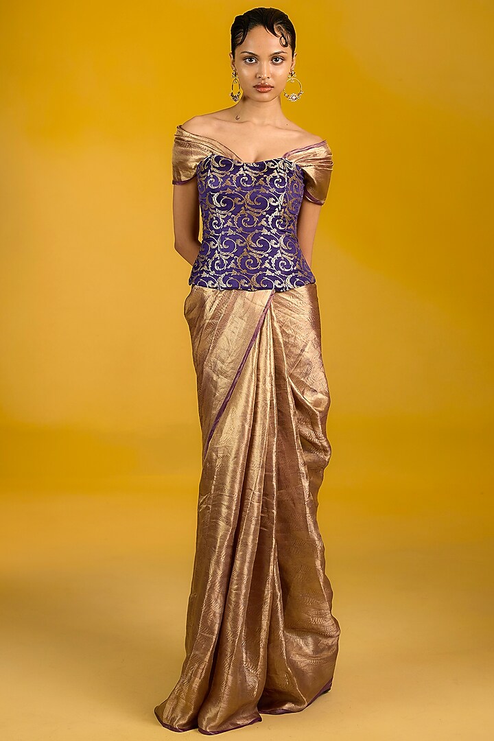 Brown Tissue Silk Banarasi Handwoven Party Wear Saree Set by Ekaya at Pernia's Pop Up Shop